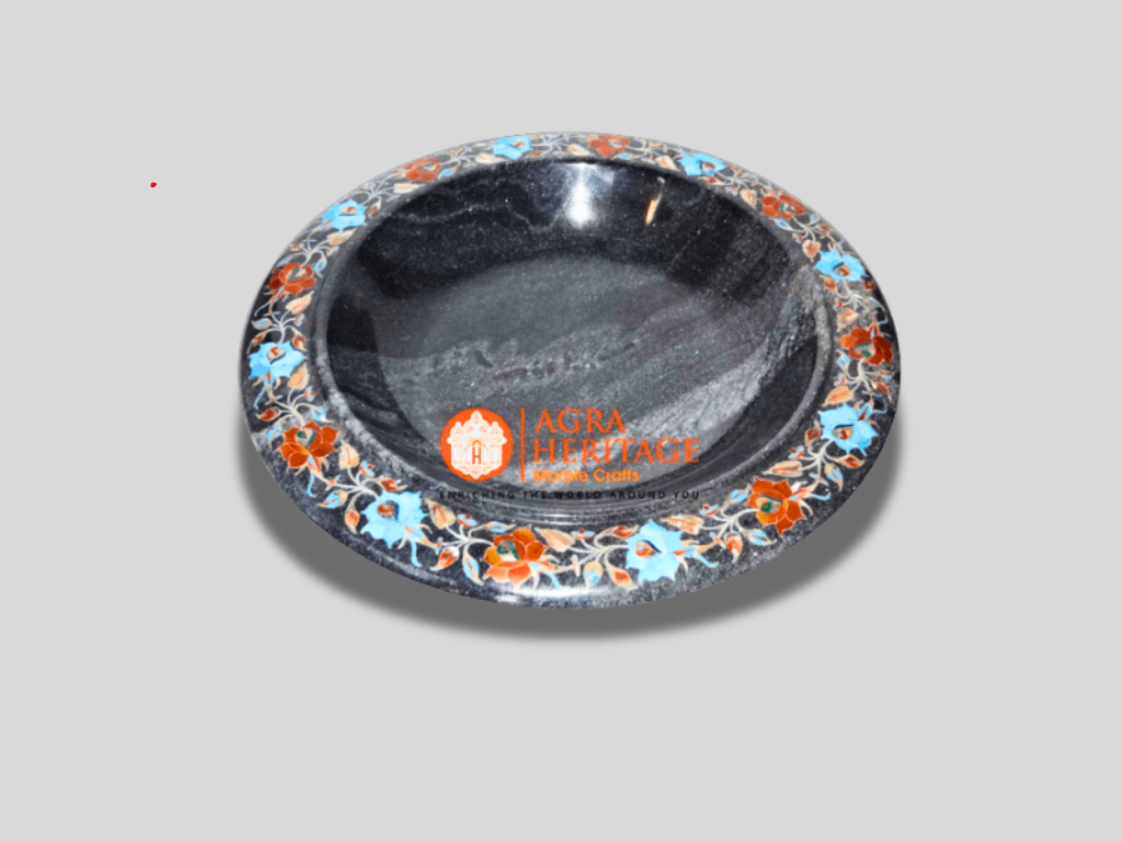 Black Marble Inlay Bowl Turquoise Carnelian Floral Decor